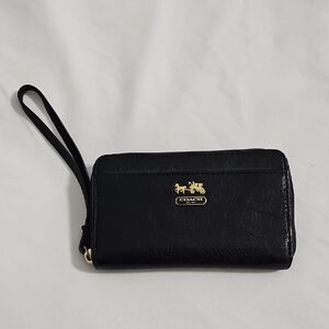 Coach Black Leather Wristlet with Gold Accents